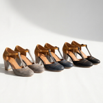 Four high-heel T-strap shoes with buckle, brown and dark blue color options
