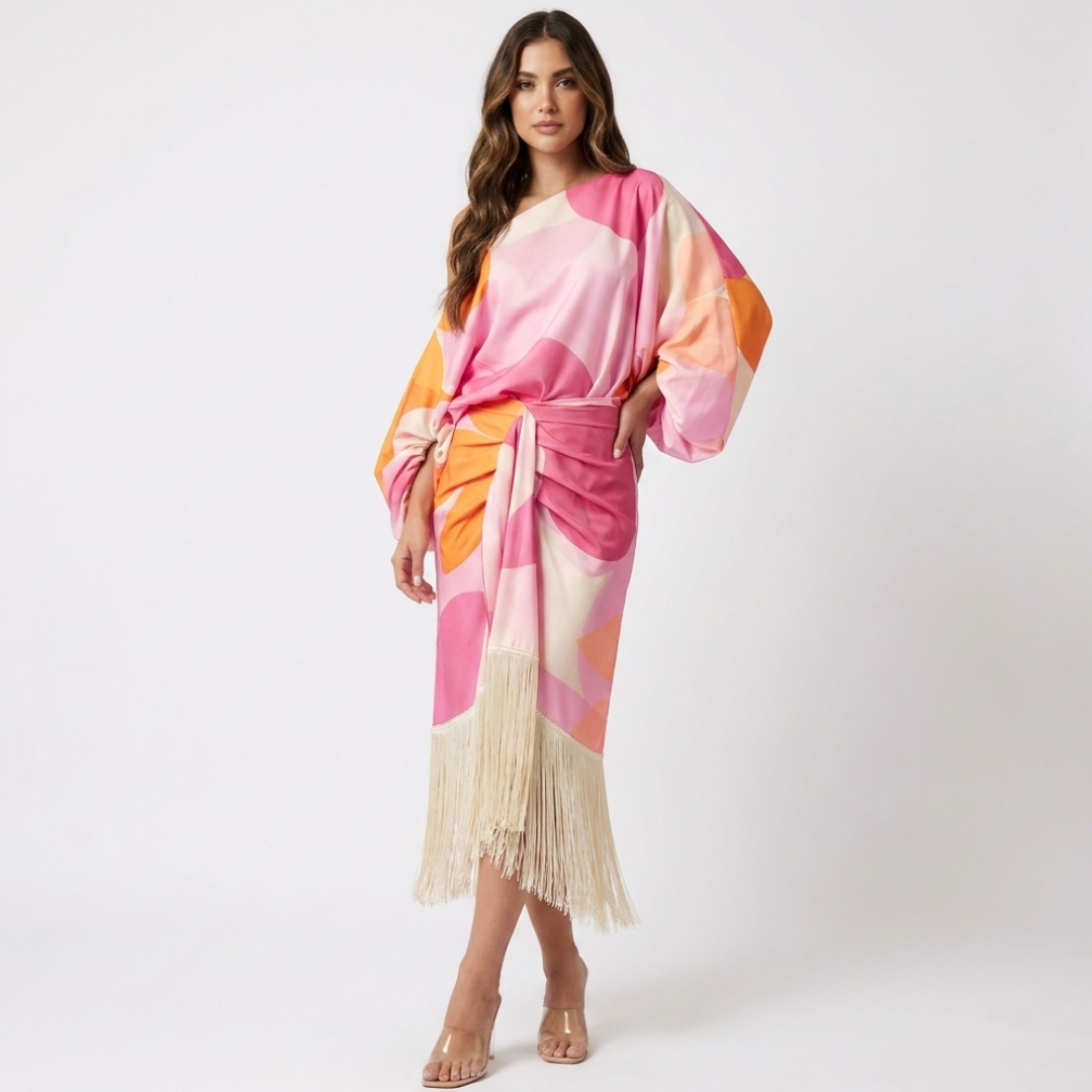 Women's satin-look midi dress with tie waist and fringe hem, pink and orange print