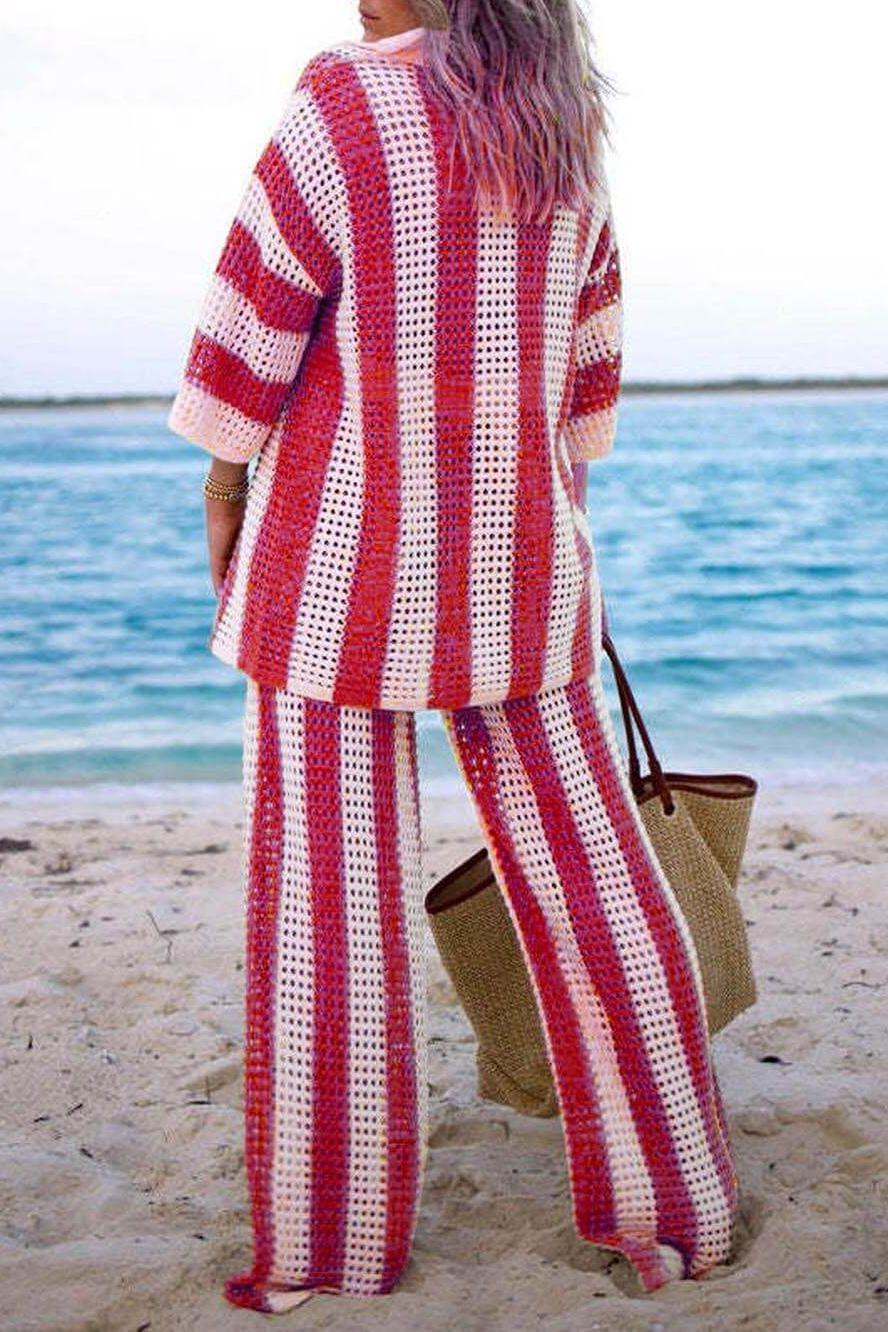 Amelia striped set with back view: kimono top and wide-leg pants, red/white vertical stripes
