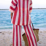 Amelia striped set with back view: kimono top and wide-leg pants, red/white vertical stripes
