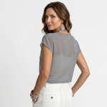 Lorena back-view blouse in muted blue, short sleeves and crew neckline