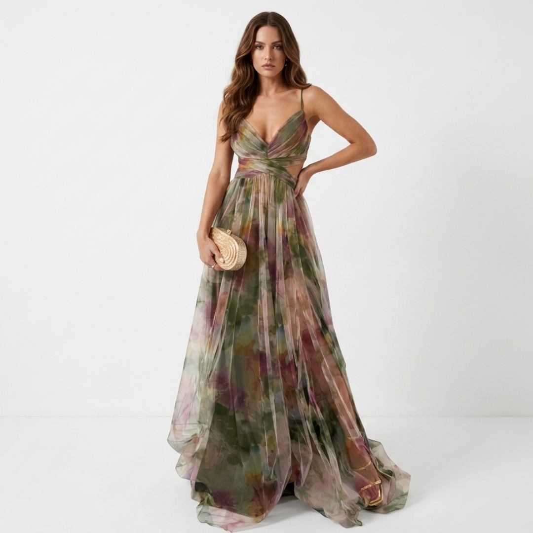 Green-toned floral maxi dress with V neckline, spaghetti straps, ruched waist, flowing skirt
