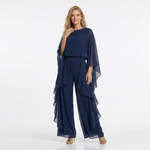 Dark navy chiffon two-piece set with cape sleeves and wide-leg palazzo pants, relaxed fit