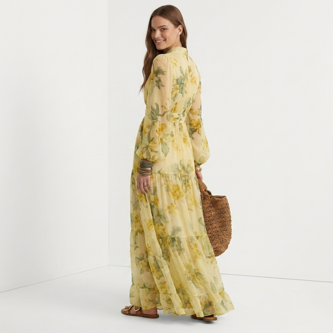 Floral maxi dress with long sleeves and tiered skirt, yellow base with green flower print
