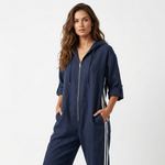 Dark navy blue striped hooded zip-front jumpsuit, relaxed fit with side stripe trim