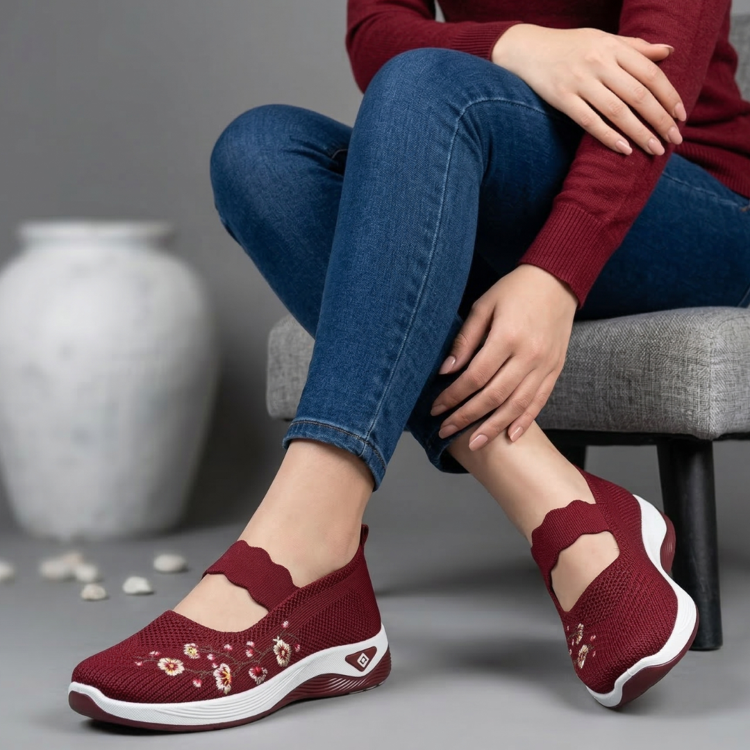 Burgundy knit summer slip-on orthopedic shoes with floral embroidery and slip-on fit