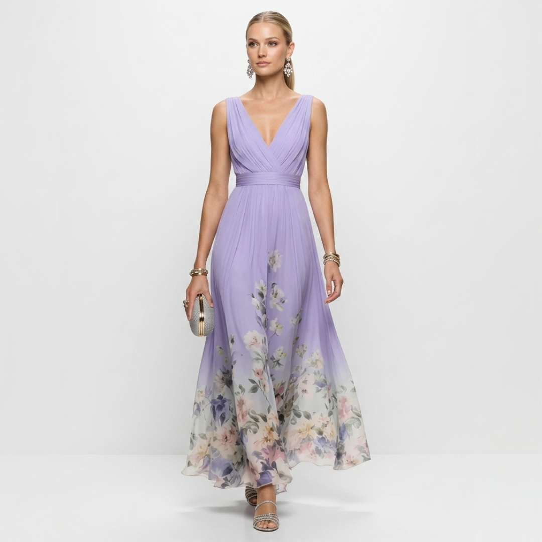 Lavender chiffon floral maxi dress with V-neckline, sleeveless bodice, gathered hem