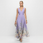 Lavender chiffon floral maxi dress with V-neckline, sleeveless bodice, gathered hem