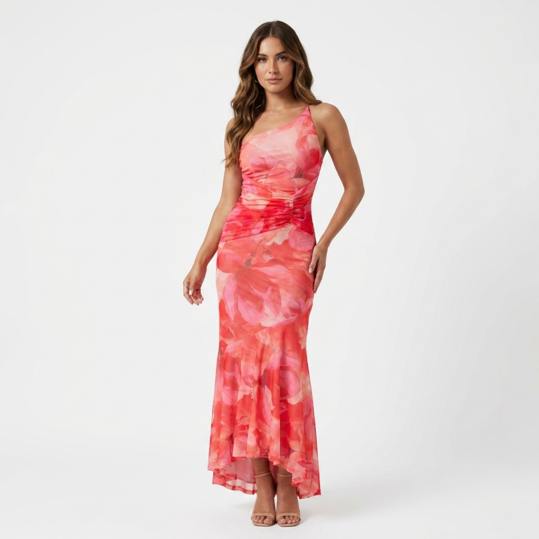 Pleated one-shoulder midi dress with coral red floral print, ruched fitted bodice