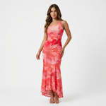 Pleated one-shoulder midi dress with coral red floral print, ruched fitted bodice