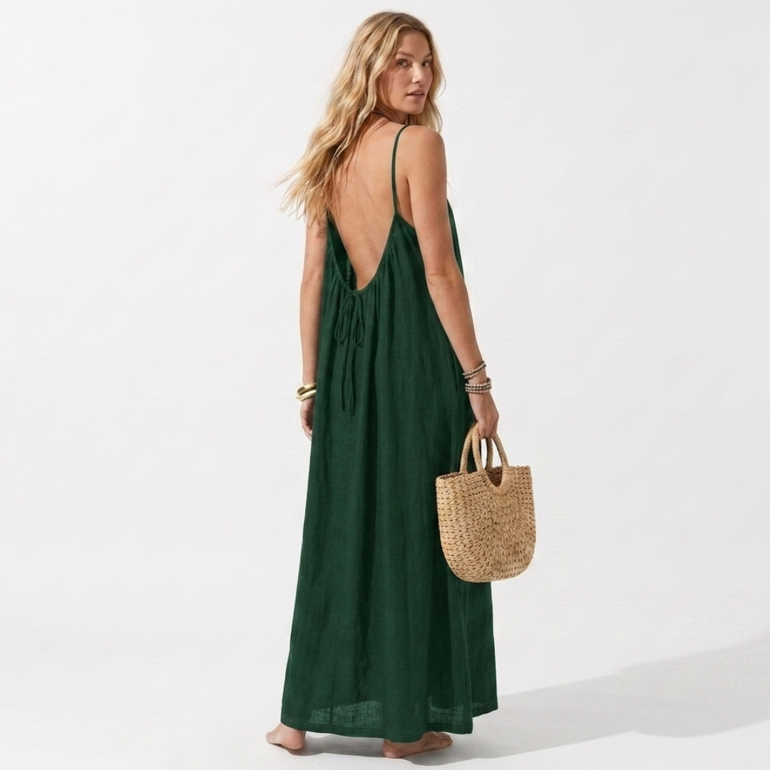 Lightweight deep green summer dress with spaghetti straps and tie front, maxi length