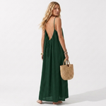 Lightweight deep green summer dress with spaghetti straps and tie front, maxi length