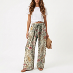 High-waisted floral wide-leg pants, ivory with red floral print and drawstring waist