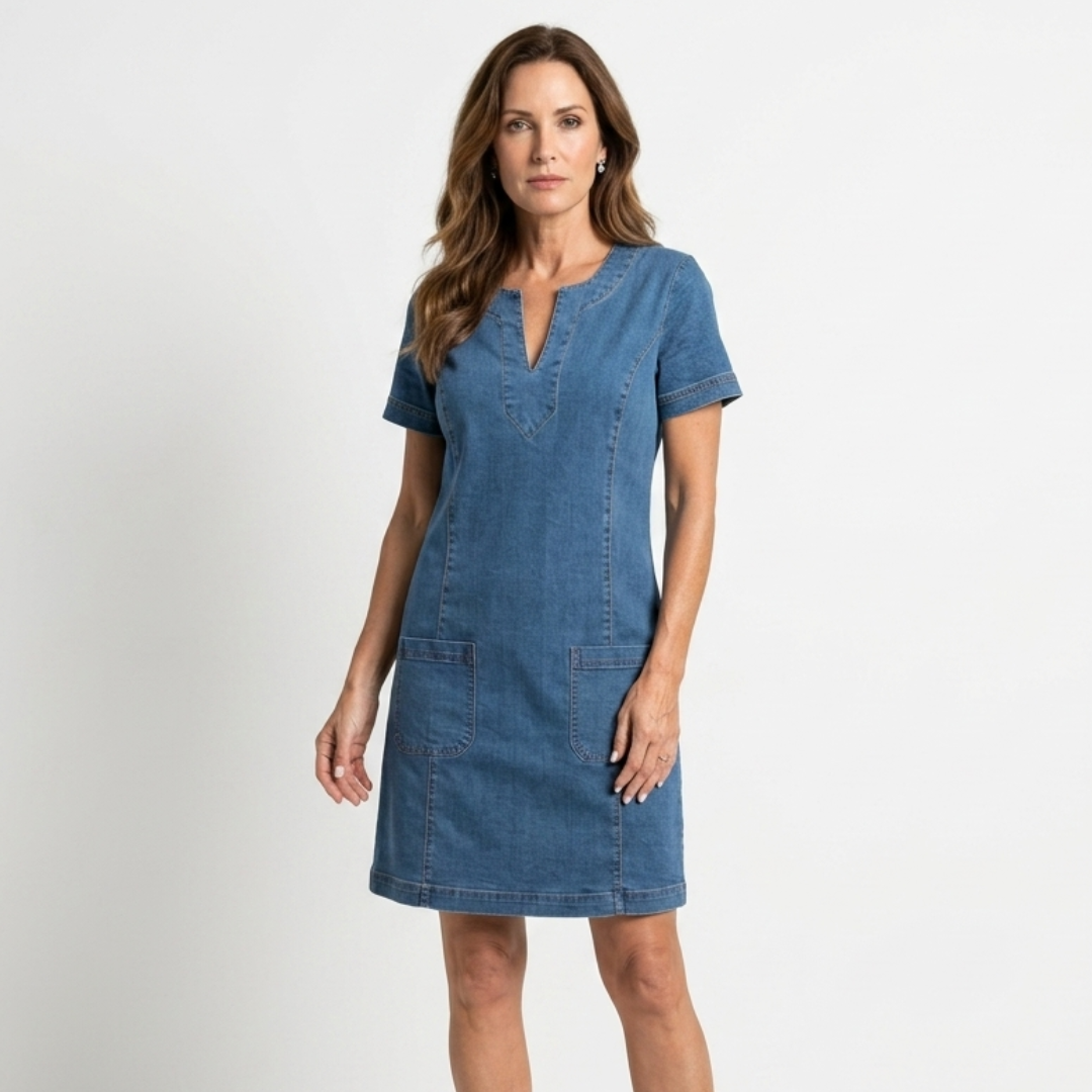 Aurora blue denim pocket dress with V-neck, short sleeves, and stitched details