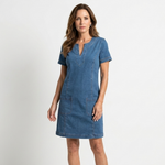 Aurora blue denim pocket dress with V-neck, short sleeves, and stitched details