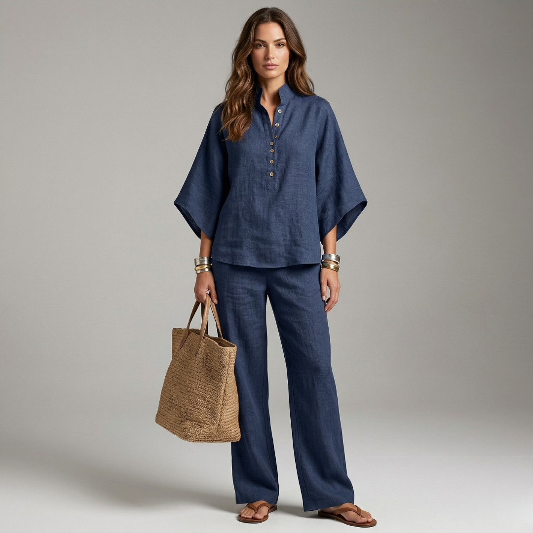 Navy button-front tunic and wide-leg pants set, loose fit with wide sleeves