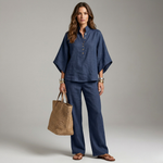 Navy button-front tunic and wide-leg pants set, loose fit with wide sleeves