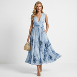 Floral print sleeveless V-neck maxi dress in light blue with dark blue tie-dye style