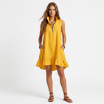 Georgiana short dress, sleeveless yellow with quarter-zip neckline and ruffled hem