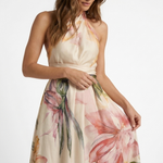 Anca halter floral maxi dress close-up, satin bodice and draped waist with sash