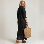 Black long dress with button detailing, 3/4 sleeves, side slit