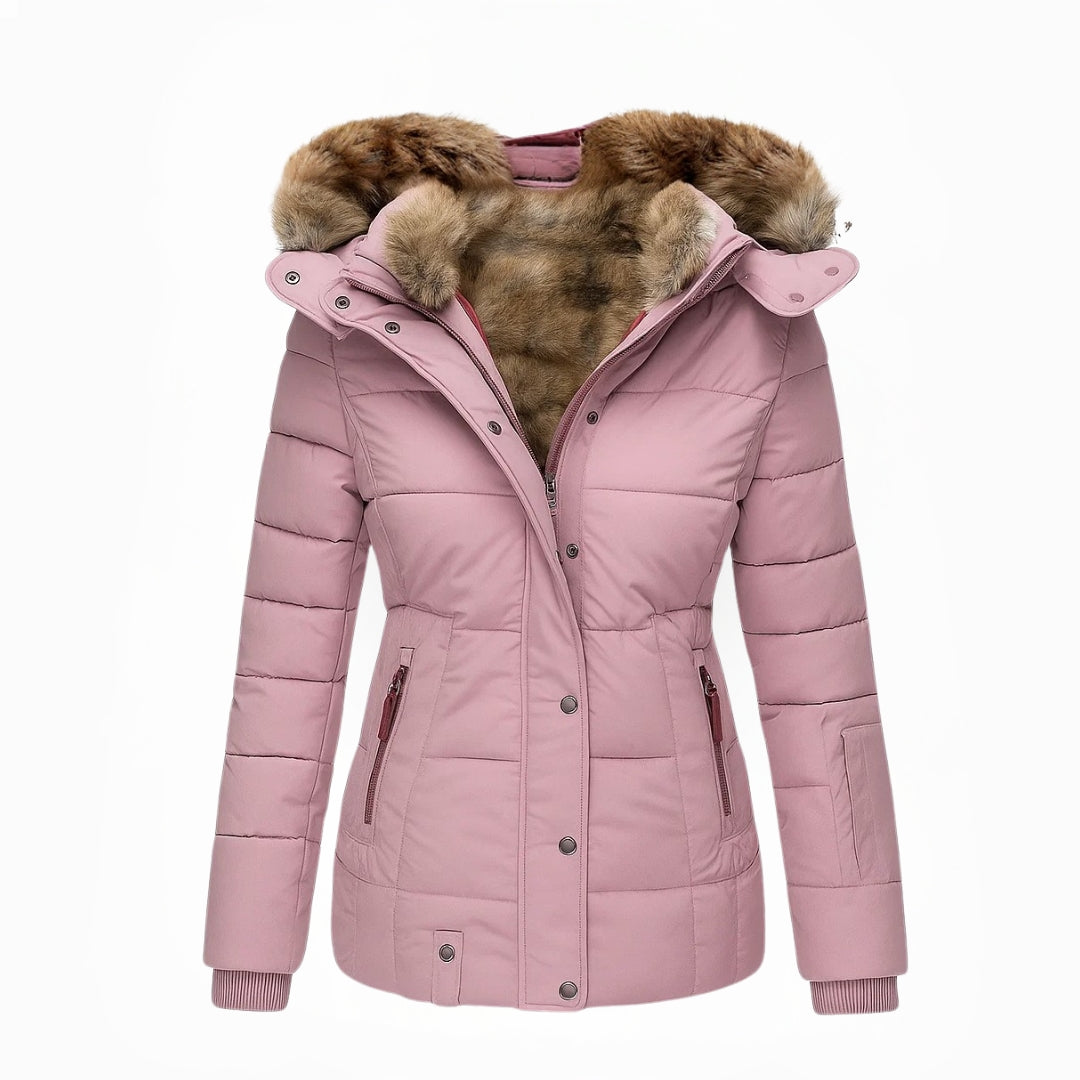 Women's winter puffer jacket, blush pink with brown faux-fur hood and button front