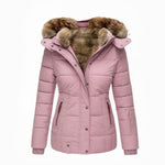 Women's winter puffer jacket, blush pink with brown faux-fur hood and button front