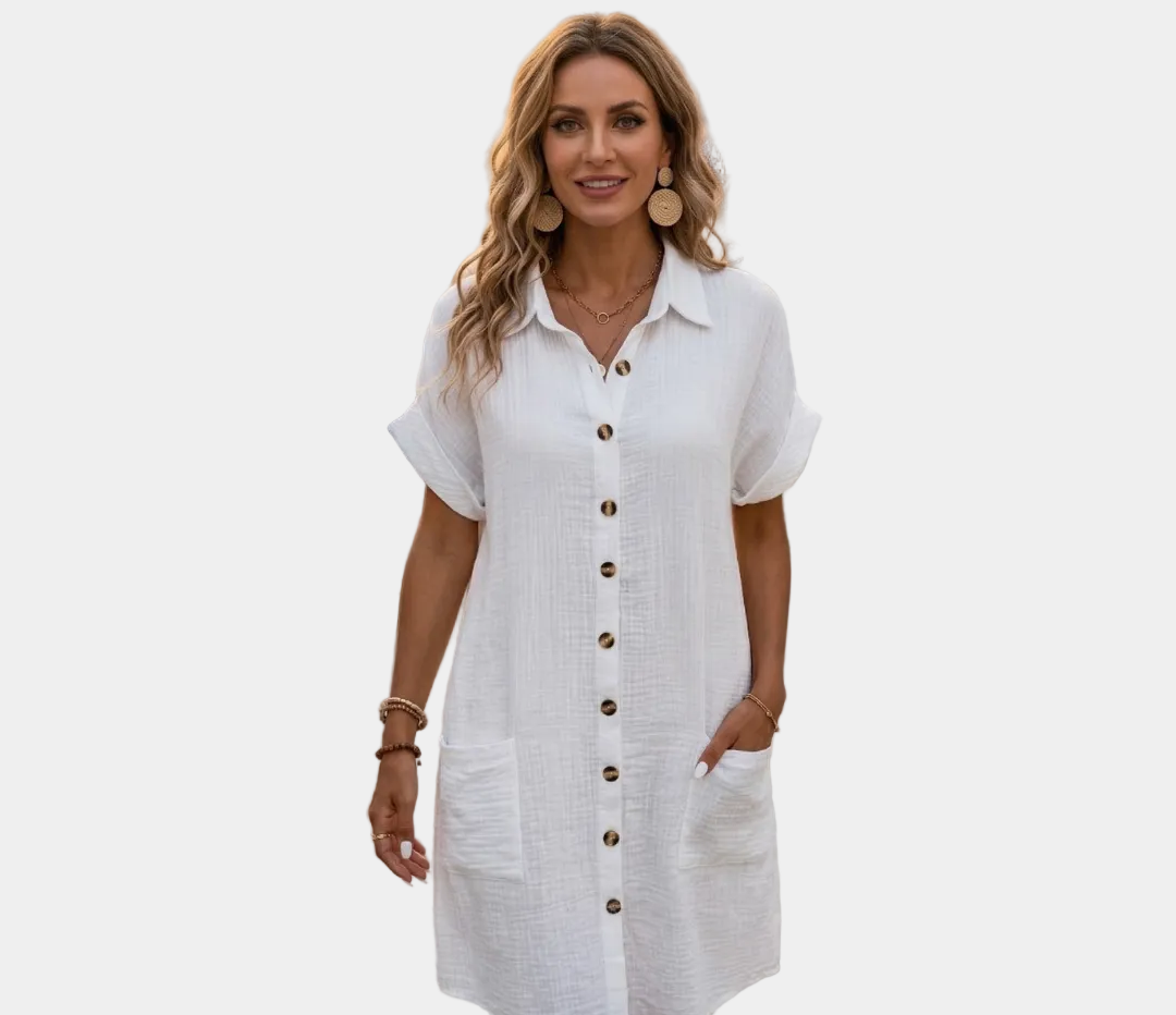 White button-front shirt dress, short sleeves, patch pockets, collared neckline