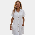 White button-front shirt dress, short sleeves, patch pockets, collared neckline