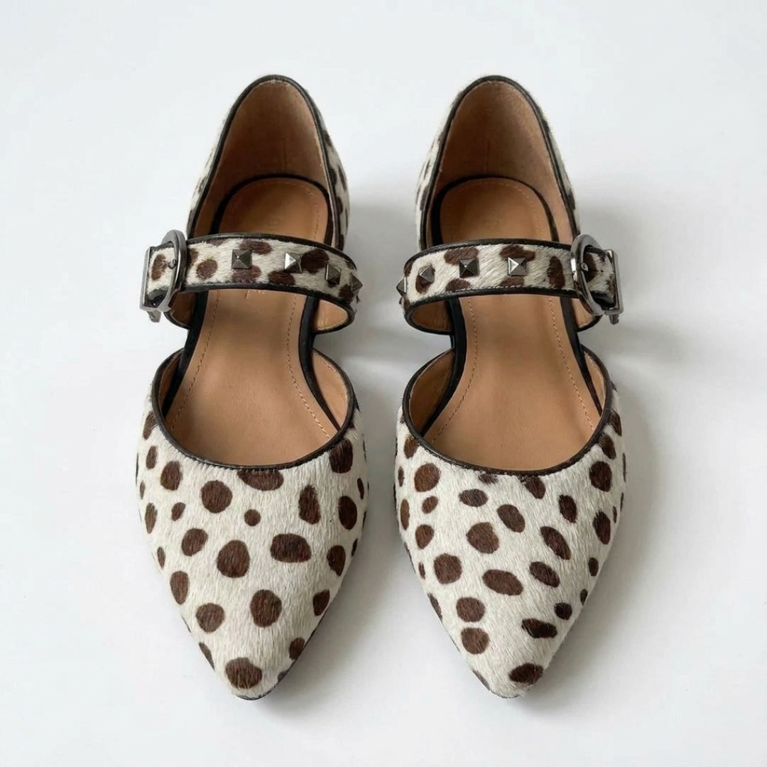 Leopard print Mary Jane shoes with adjustable buckle strap and pointed toe