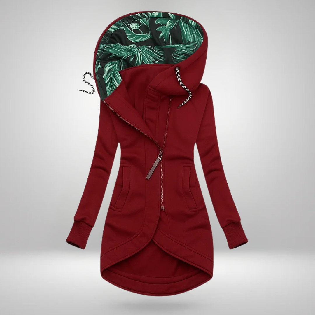 Women’s winter coat in dark red wine, zip-front with hood and leafy lining