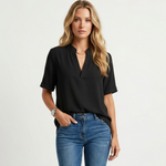 Black V-neck blouse with short sleeves