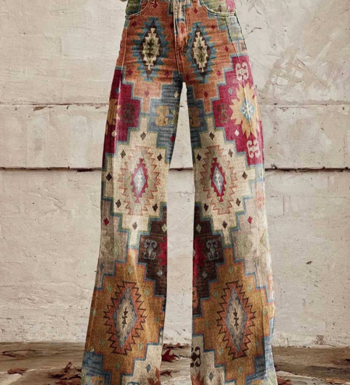 Boho wide-leg pants, multicolor tribal pattern, light denim wash, high waist