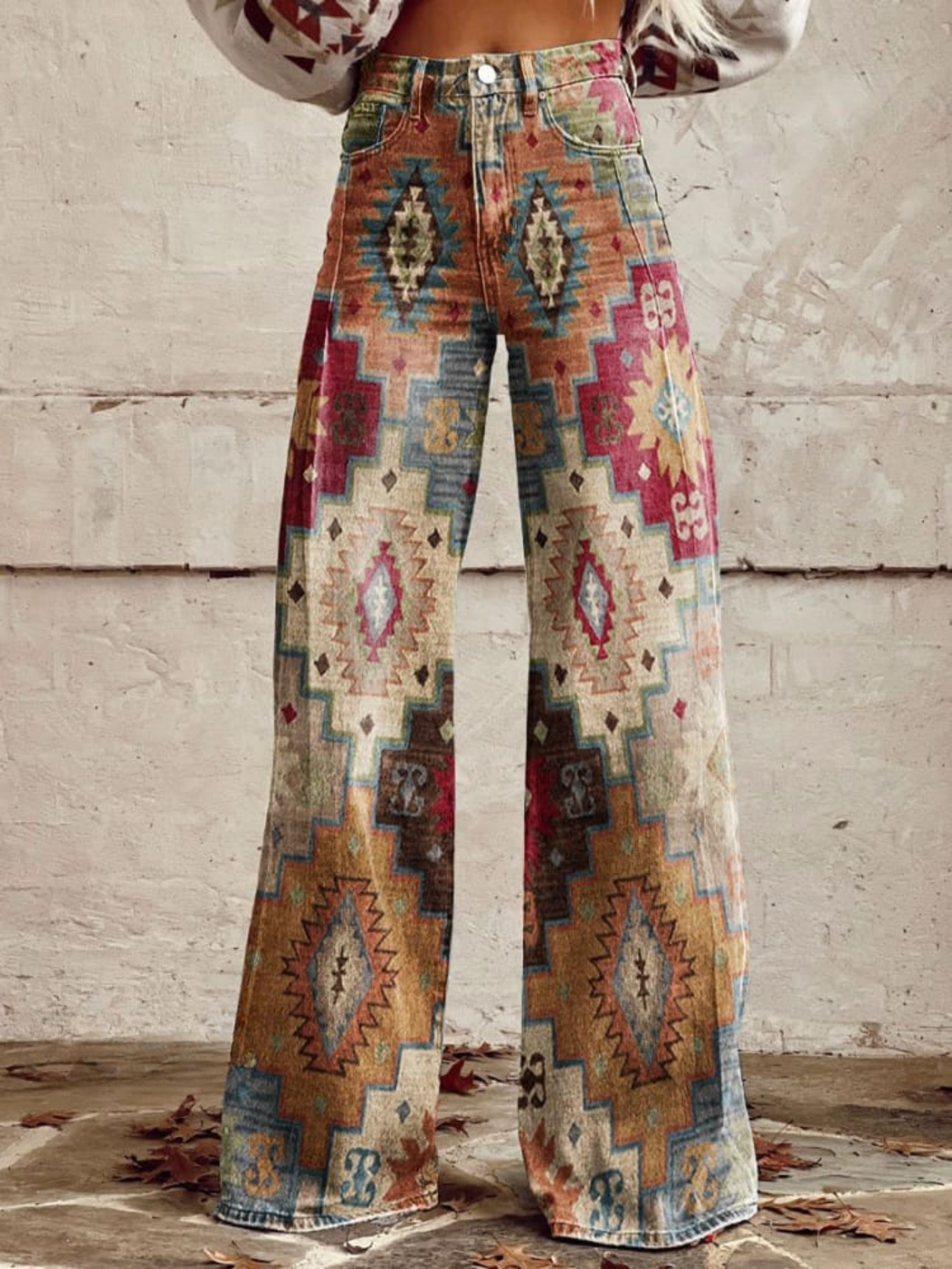 Boho wide-leg pants, multicolor tribal pattern, light denim wash, high waist