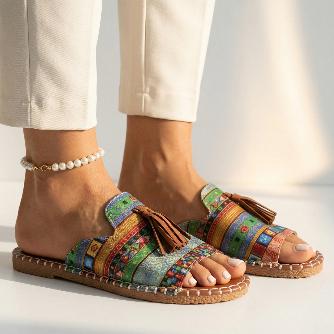Platform slide sandals with colorful geometric fabric straps and brown tassels, open toe