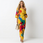 One-shoulder maxi dress, yellow base with colorful abstract paint print and long loose sleeves