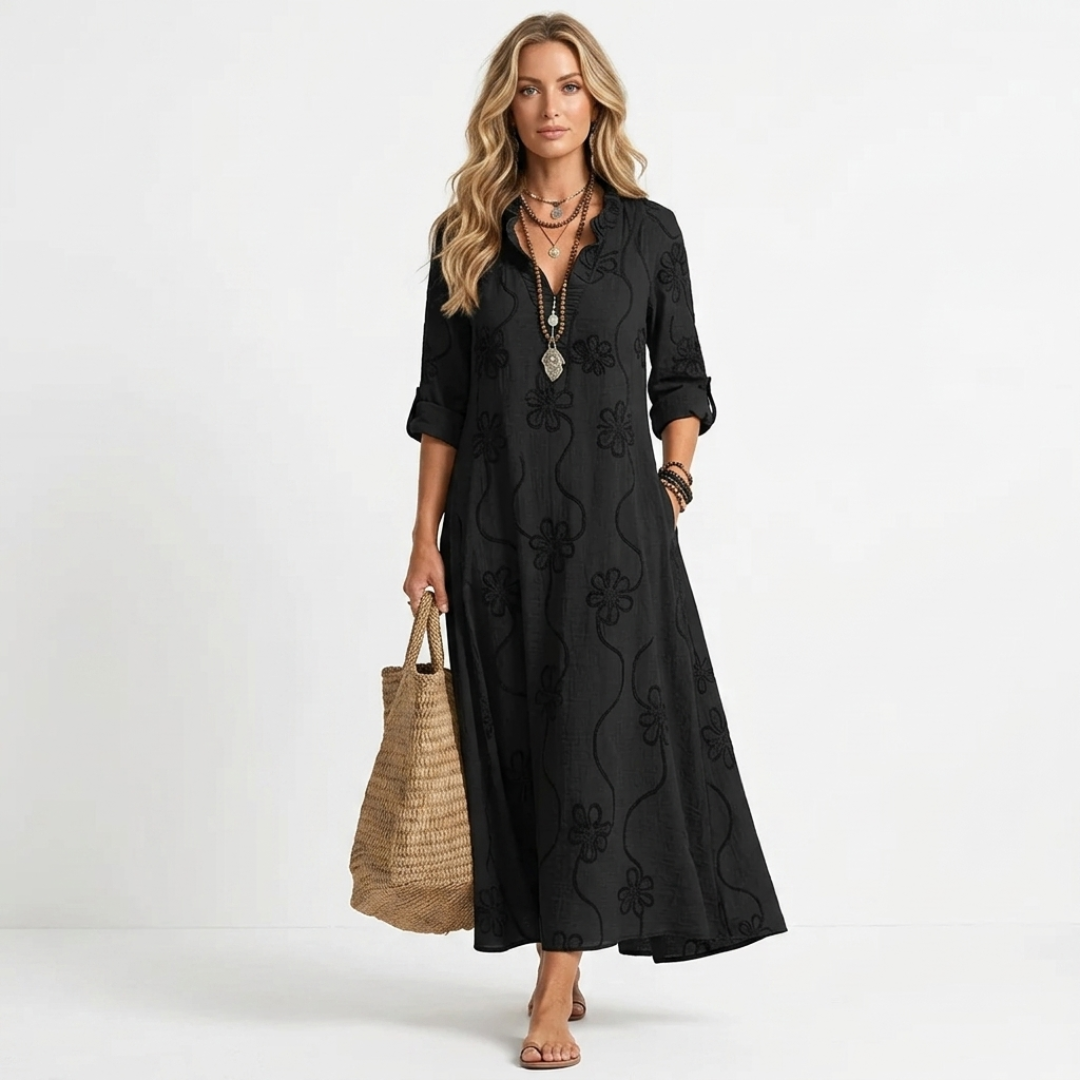 Long summer floral dress, black, V-neck, 3/4 sleeves, ankle length