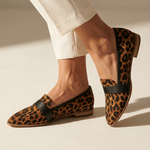 Atena orthopedic leopard moccasin loafers with black strap and low heel