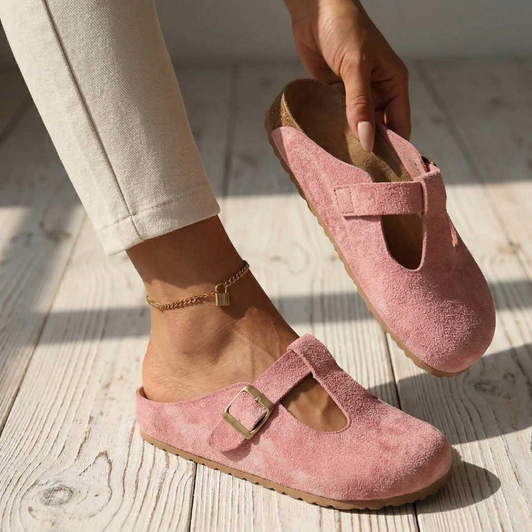 Rose suede slide clogs with square buckle strap and cutout instep