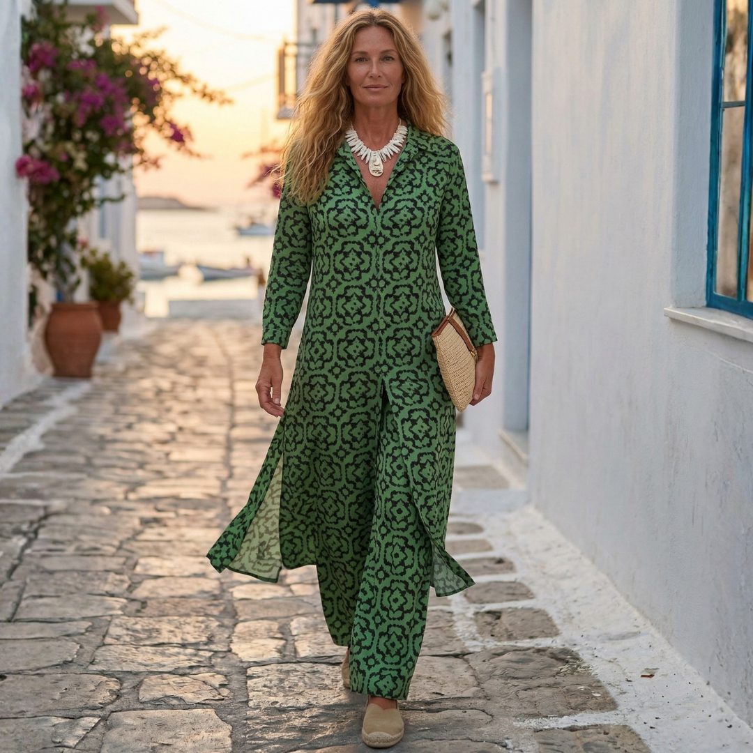 Button-front patterned tunic and ankle pants set in green print, 3/4 sleeves