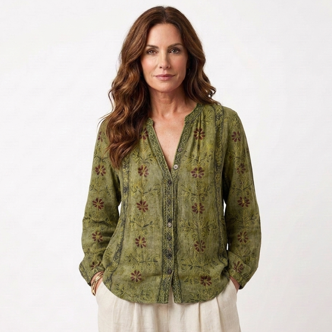 Catina retro print blouse, olive green with red floral print, green-trim button front