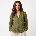 Catina retro print blouse, olive green with red floral print, green-trim button front