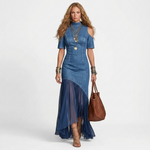 Medium blue denim long dress with cold-shoulder sleeves and layered sheer tulle hem