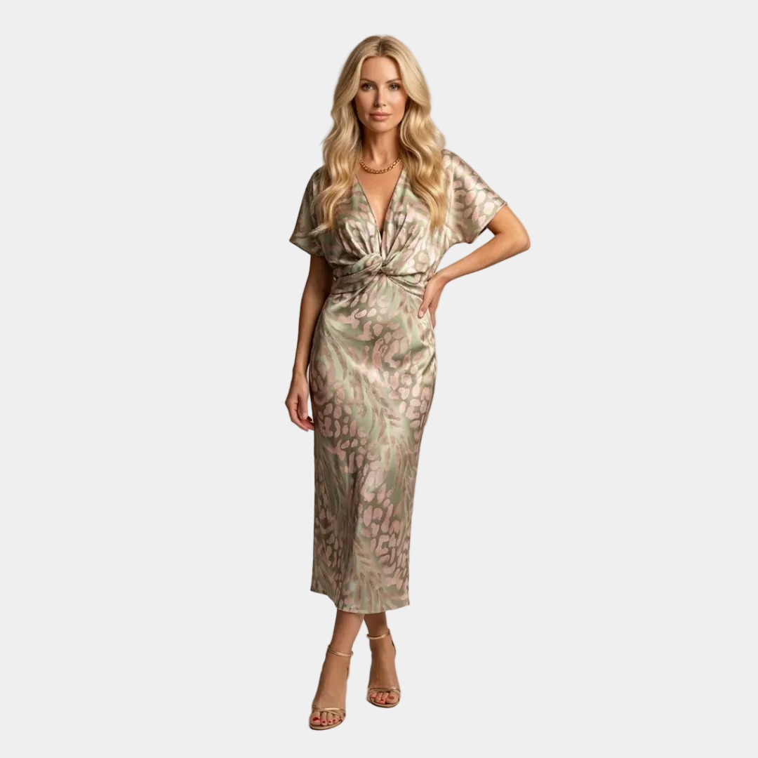 Multi-color midi dress with V-neck, twist-front knot, short sleeves, abstract leaf print