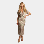 Multi-color midi dress with V-neck, twist-front knot, short sleeves, abstract leaf print