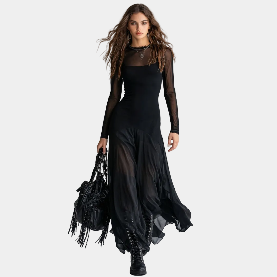 Long black dress with sheer long sleeves and flowing layered skirt