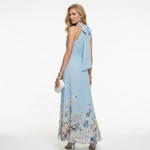 Sky blue sleeveless halter dress with floral skirt and shoulder tie detail