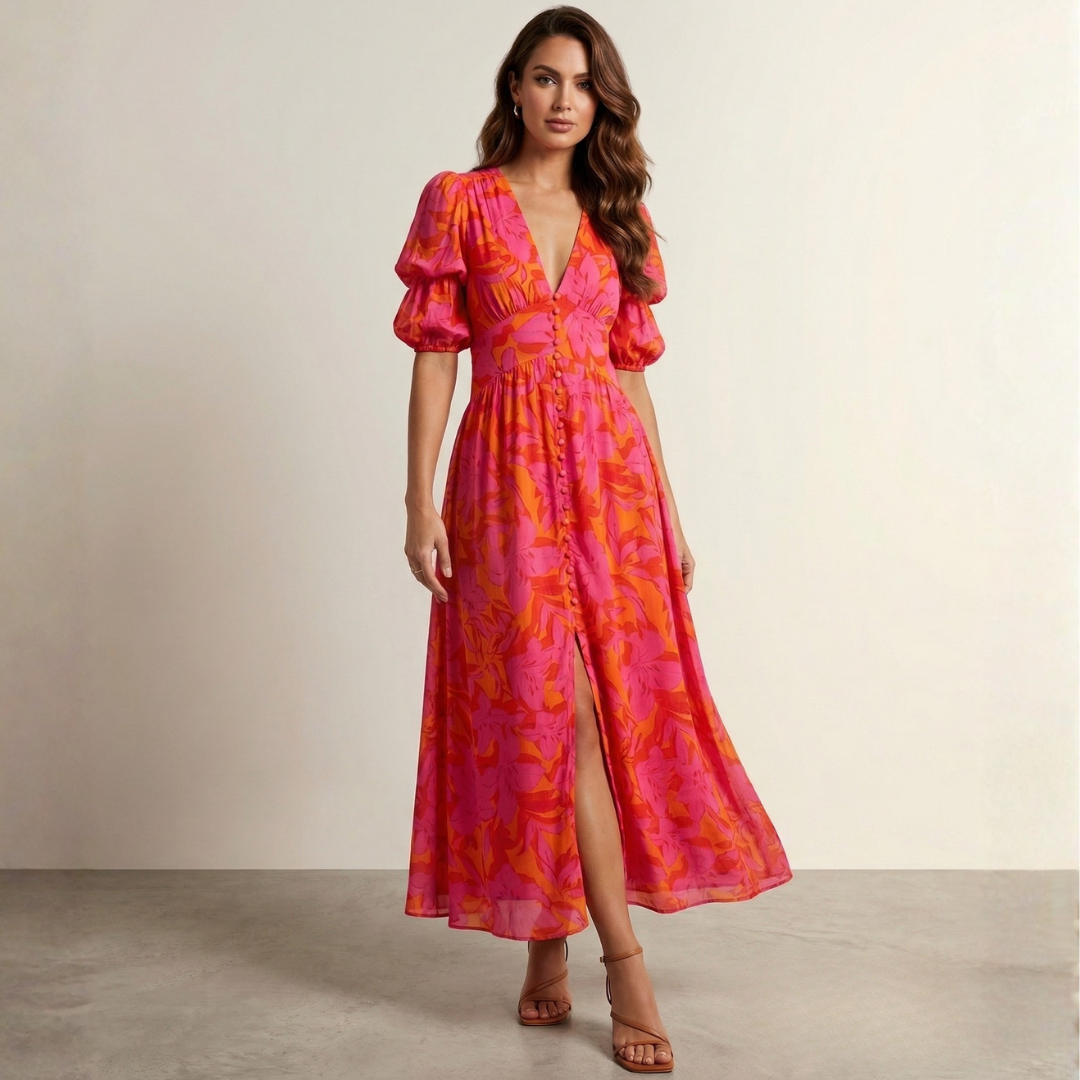 Pink and orange maxi dress with deep V-neck and puff sleeves, front slit detail