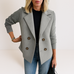 Light gray casual blazer with notch lapels, ribbed sleeves, and button front