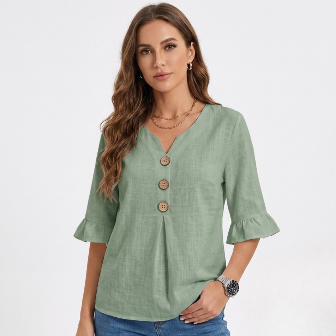 Green linen-look blouse with V-neck, three-button front, and flared 3/4 sleeves